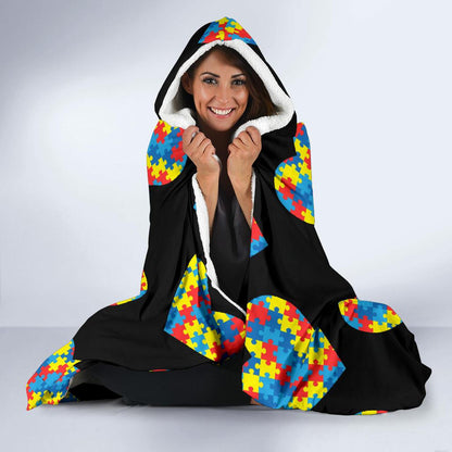 Autism Awareness Heart Design Print Hooded Blanket-JTAMIGO.COM