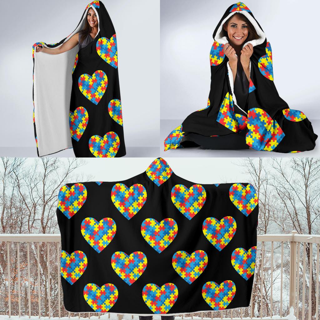 Autism Awareness Heart Design Print Hooded Blanket-JTAMIGO.COM