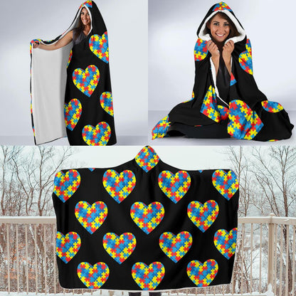 Autism Awareness Heart Design Print Hooded Blanket-JTAMIGO.COM