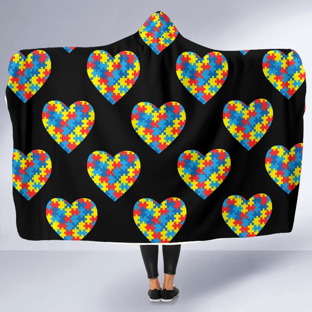 Autism Awareness Heart Design Print Hooded Blanket-JTAMIGO.COM