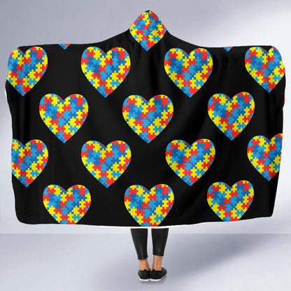 Autism Awareness Heart Design Print Hooded Blanket-JTAMIGO.COM