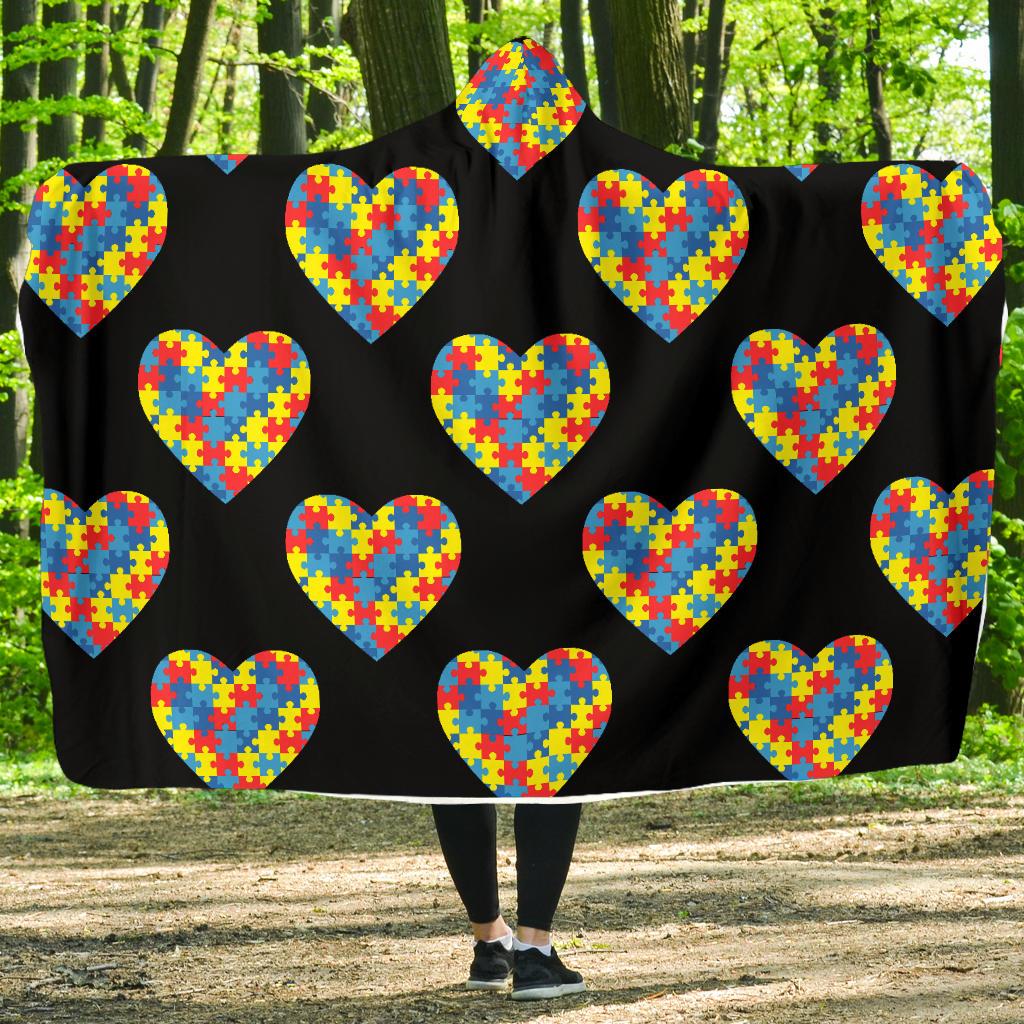 Autism Awareness Heart Design Print Hooded Blanket-JTAMIGO.COM