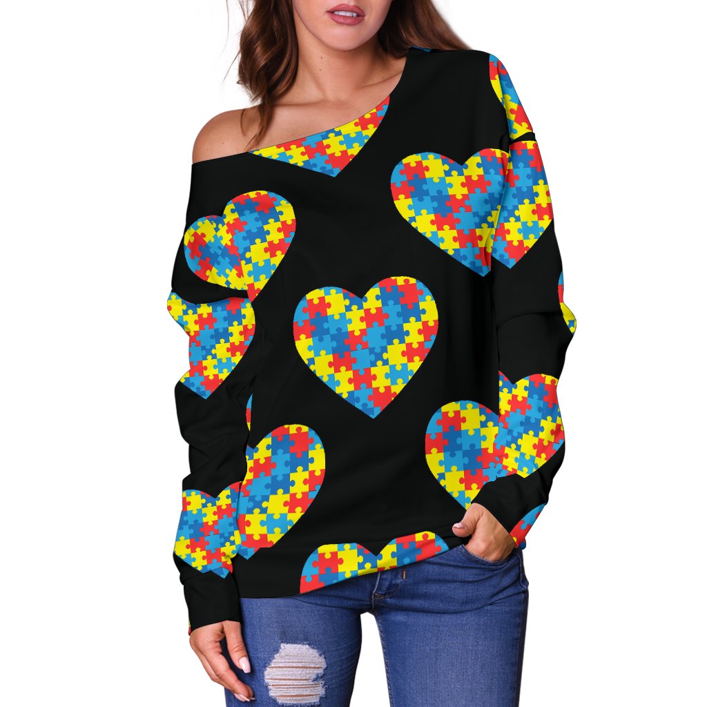 Autism Awareness Heart Design Print Off Shoulder Sweatshirt