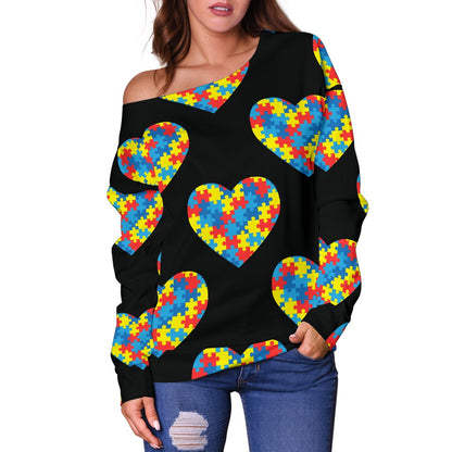 Autism Awareness Heart Design Print Off Shoulder Sweatshirt