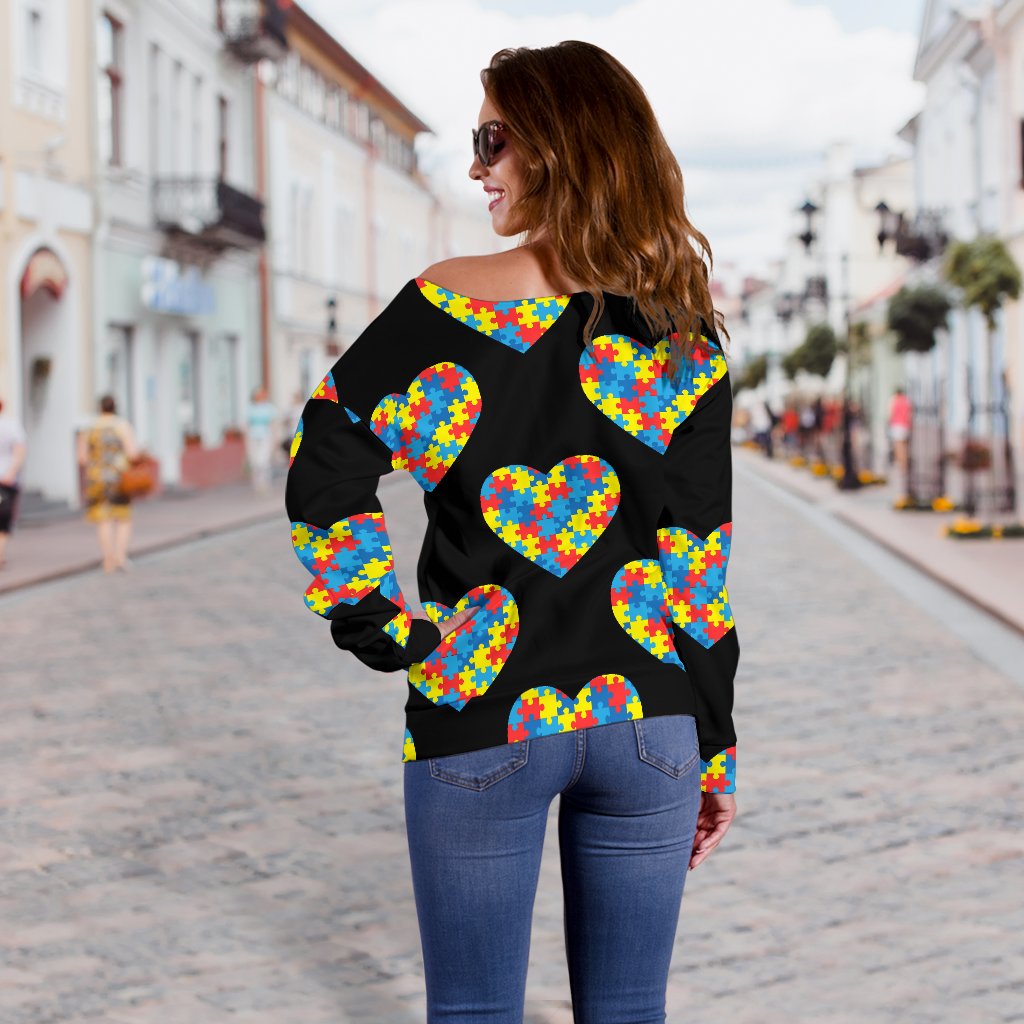 Autism Awareness Heart Design Print Off Shoulder Sweatshirt