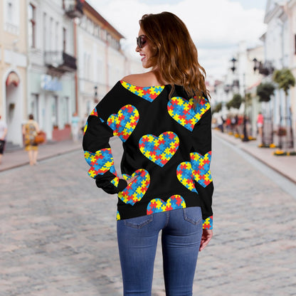 Autism Awareness Heart Design Print Off Shoulder Sweatshirt