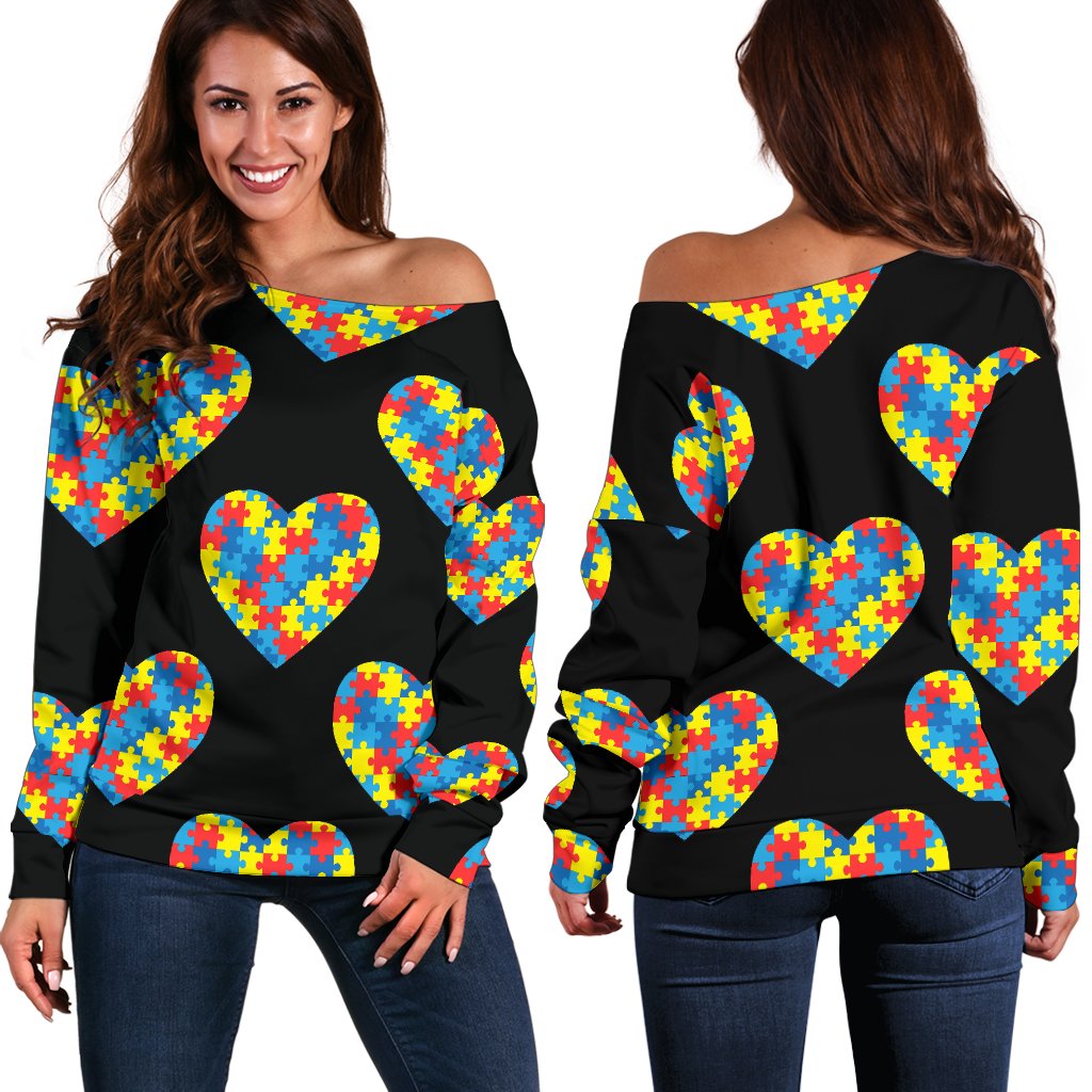 Autism Awareness Heart Design Print Off Shoulder Sweatshirt