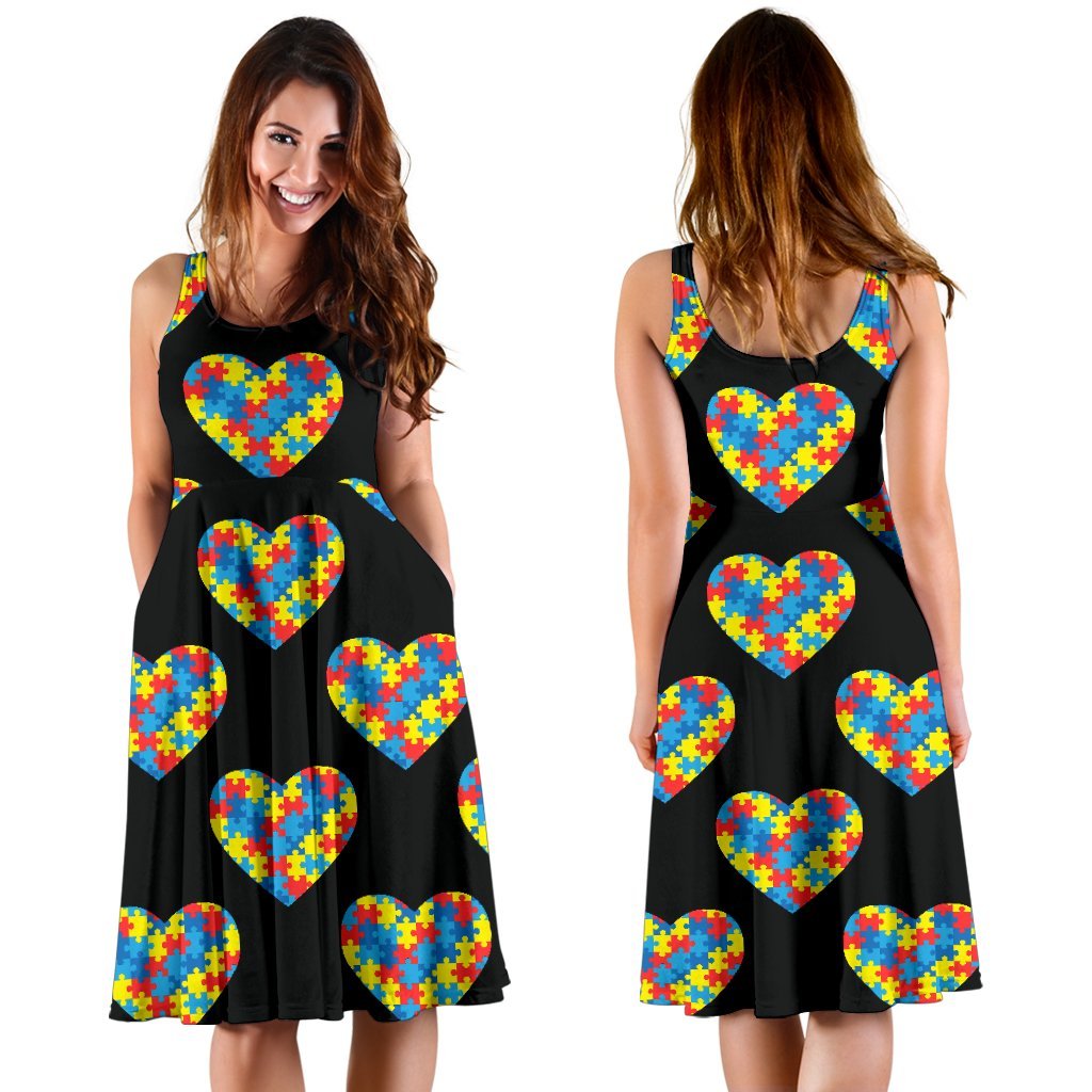 Autism Awareness Heart Design Print Sleeveless Dress