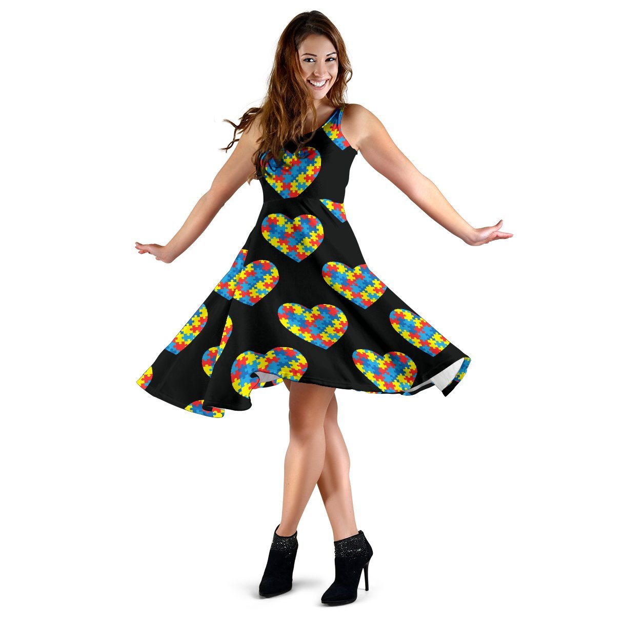 Autism Awareness Heart Design Print Sleeveless Dress