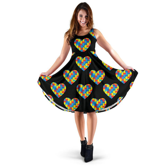 Autism Awareness Heart Design Print Sleeveless Dress