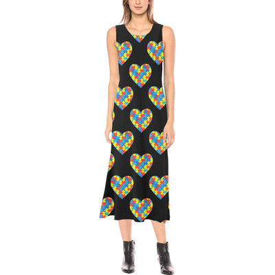 Autism Awareness Heart Design Print Sleeveless Open Fork Long Dress (Model D08)-JTAMIGO.COM