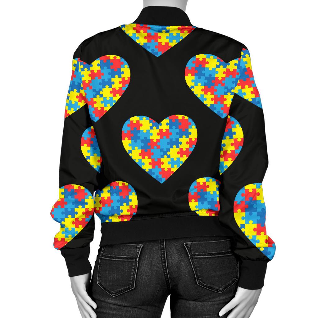 Autism Awareness Heart Design Print Women Casual Bomber Jacket