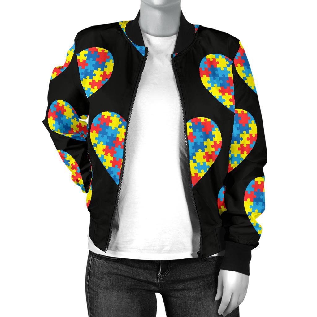 Autism Awareness Heart Design Print Women Casual Bomber Jacket