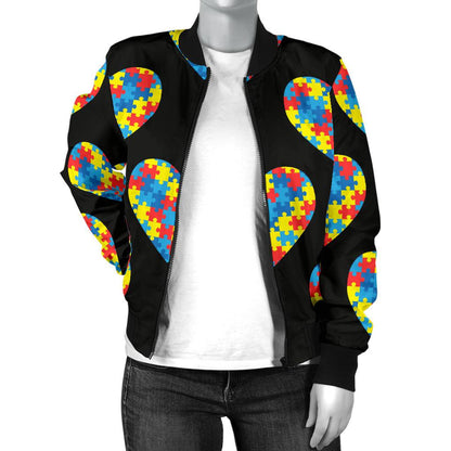 Autism Awareness Heart Design Print Women Casual Bomber Jacket