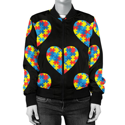 Autism Awareness Heart Design Print Women Casual Bomber Jacket