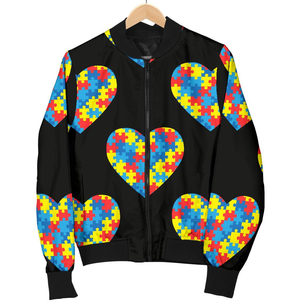 Autism Awareness Heart Design Print Women Casual Bomber Jacket