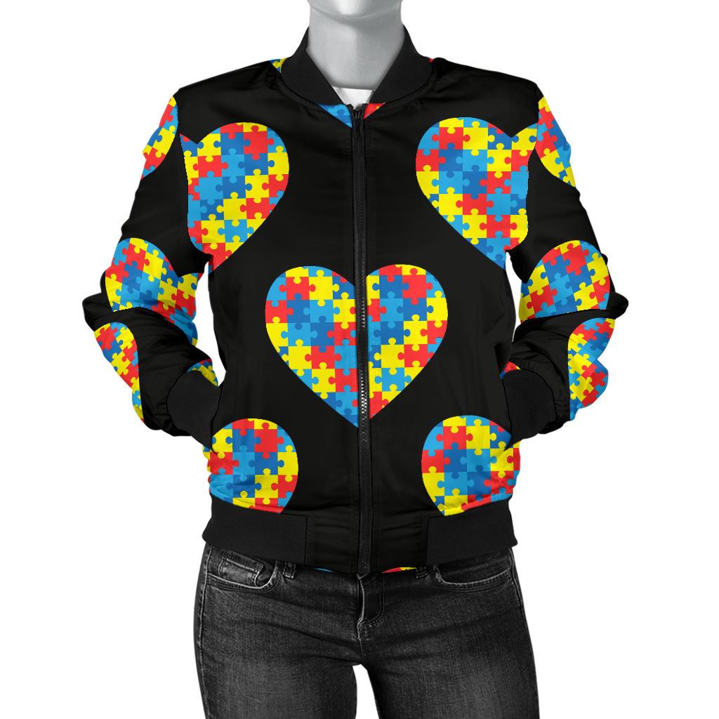 Autism Awareness Heart Design Print Women Casual Bomber Jacket