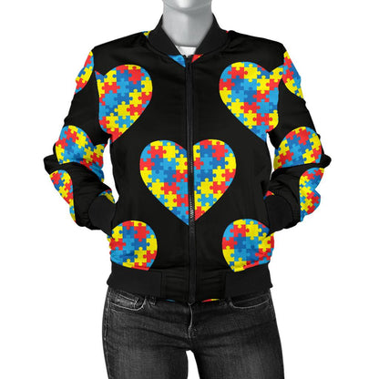 Autism Awareness Heart Design Print Women Casual Bomber Jacket