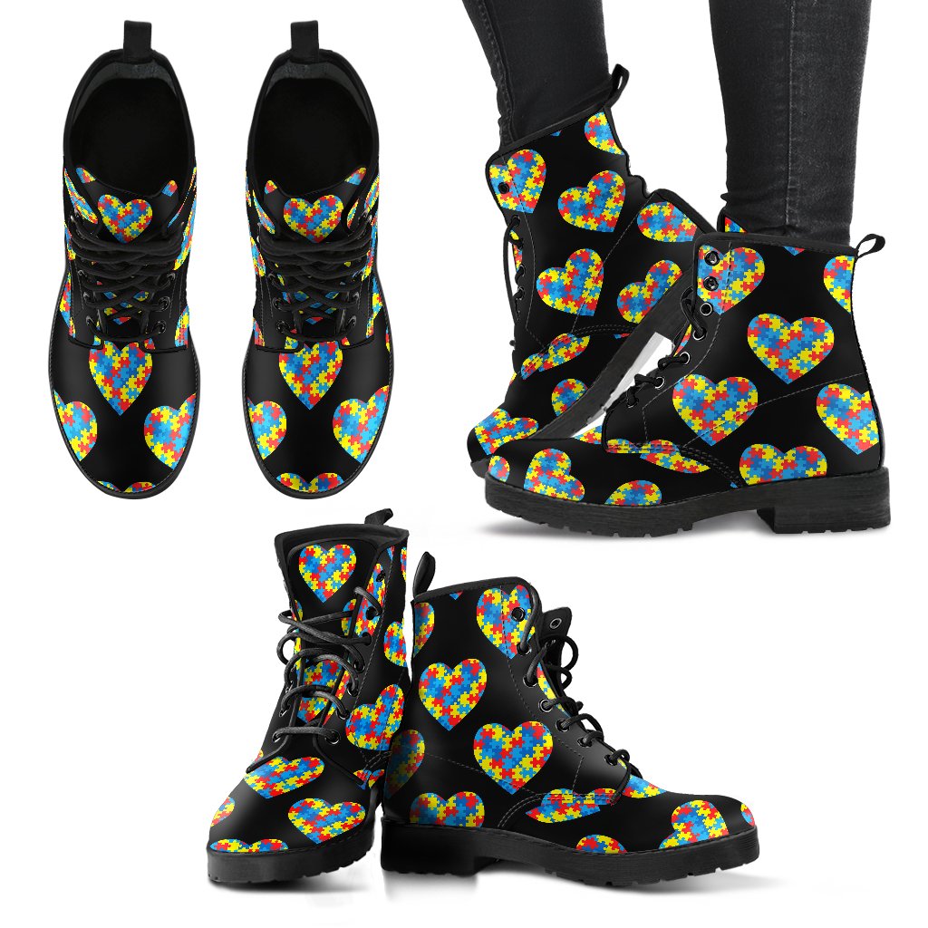 Autism Awareness Heart Design Print Women Leather Boots-JTAMIGO.COM