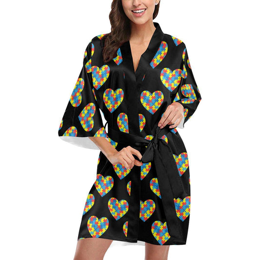 Autism Awareness Heart Design Print Women Short Kimono Robe