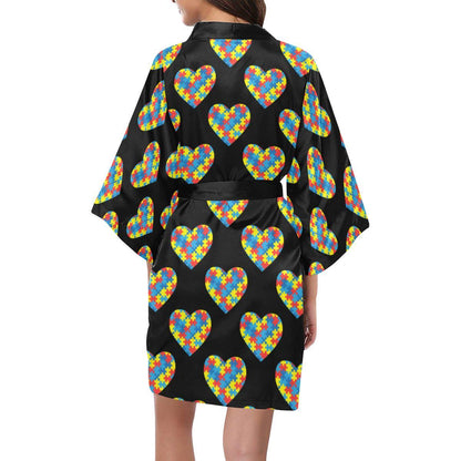 Autism Awareness Heart Design Print Women Short Kimono Robe