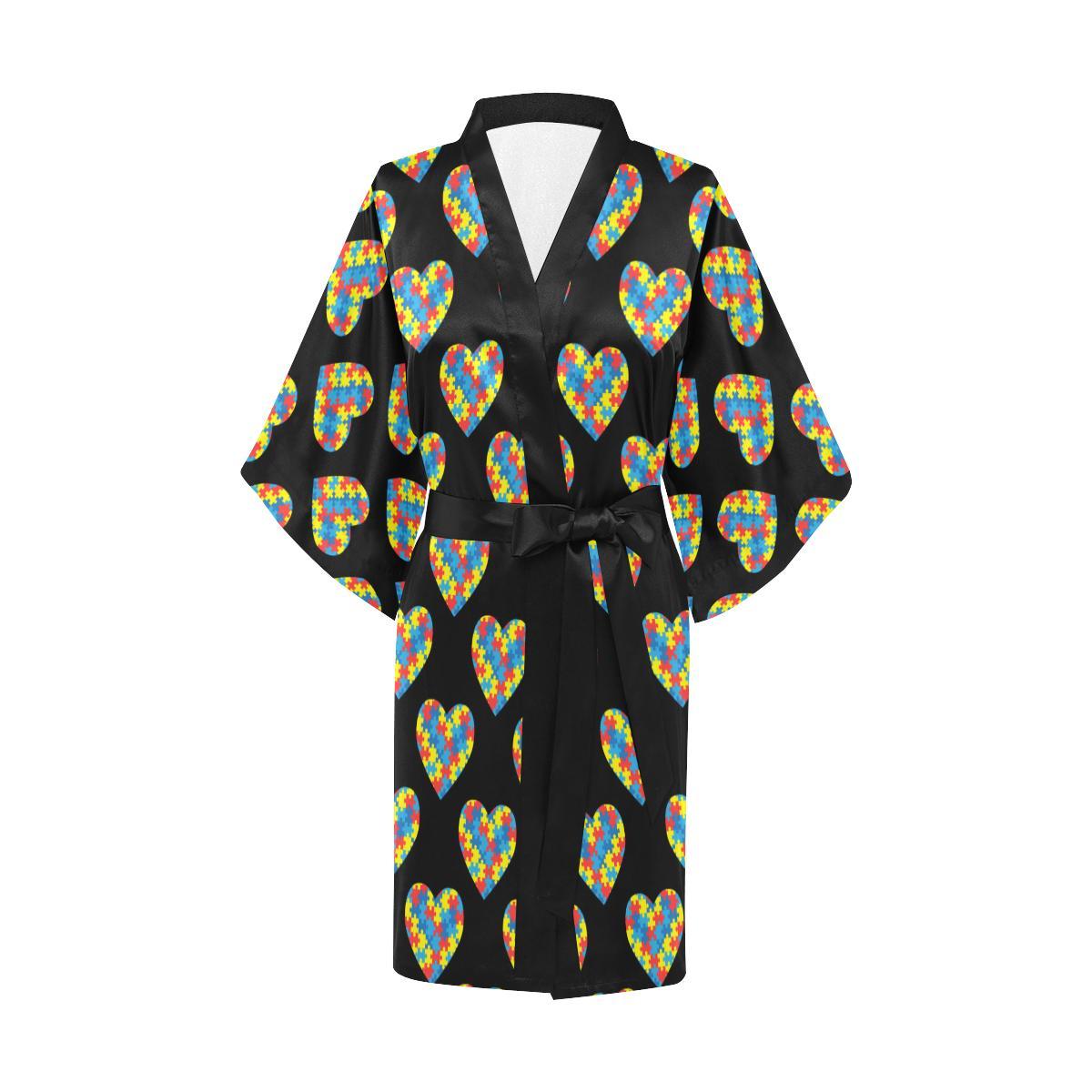 Autism Awareness Heart Design Print Women Short Kimono Robe