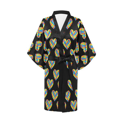 Autism Awareness Heart Design Print Women Short Kimono Robe