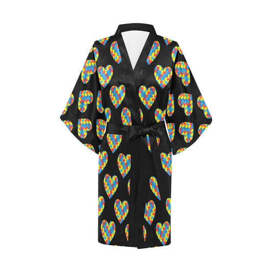 Autism Awareness Heart Design Print Women Short Kimono Robe