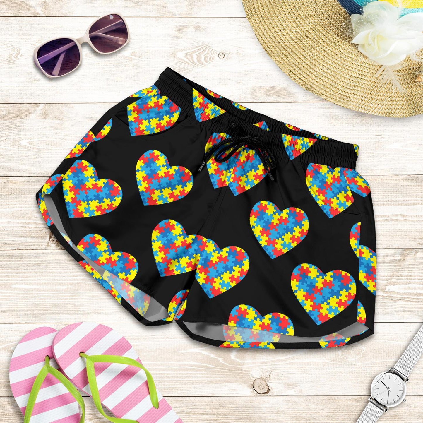 Autism Awareness Heart Design Print Women Shorts-JTAMIGO.COM