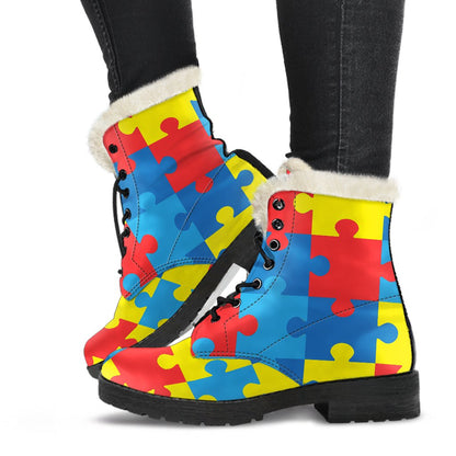 Autism Awareness Puzzles Design Print Faux Fur Leather Boots-JTAMIGO.COM