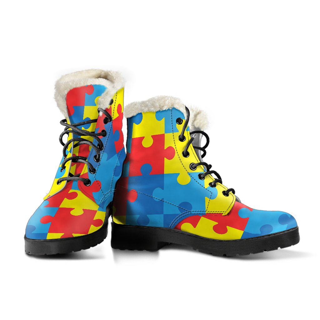 Autism Awareness Puzzles Design Print Faux Fur Leather Boots-JTAMIGO.COM