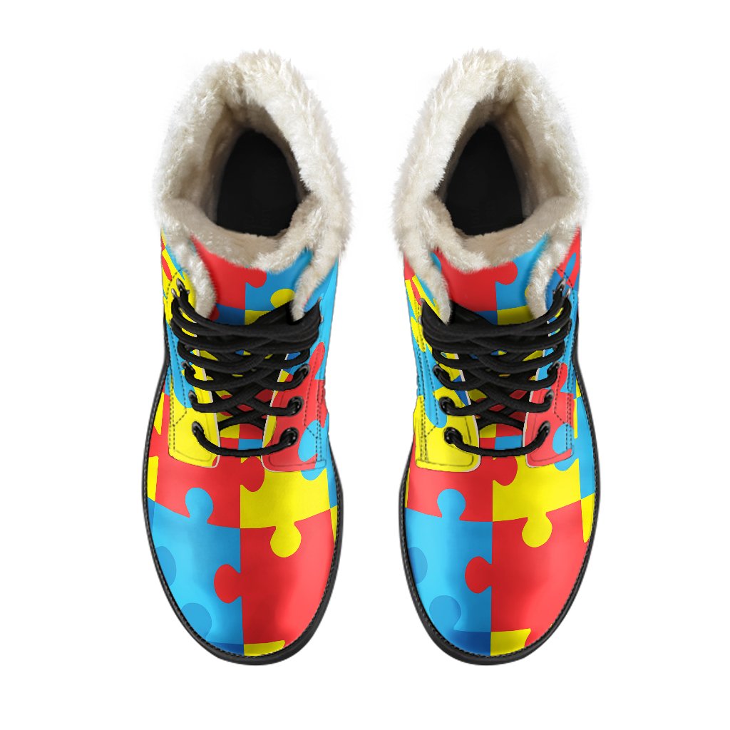 Autism Awareness Puzzles Design Print Faux Fur Leather Boots-JTAMIGO.COM