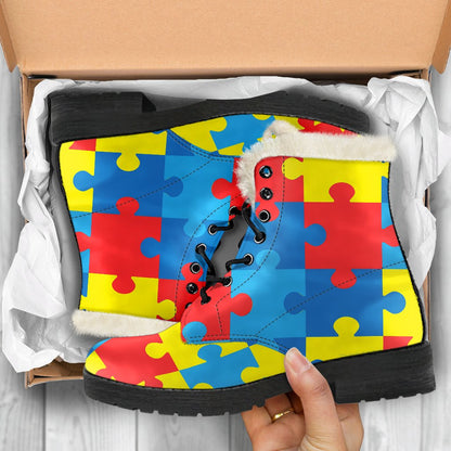 Autism Awareness Puzzles Design Print Faux Fur Leather Boots-JTAMIGO.COM