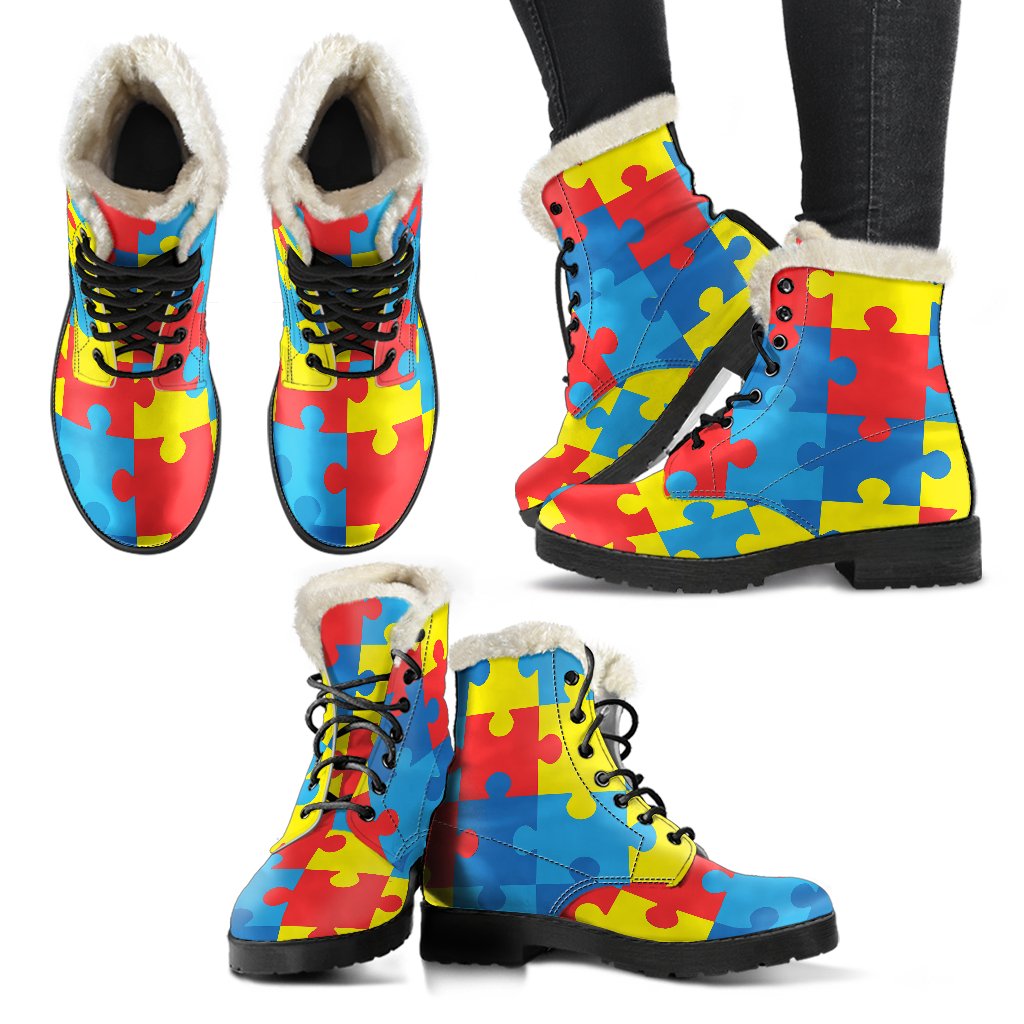 Autism Awareness Puzzles Design Print Faux Fur Leather Boots-JTAMIGO.COM