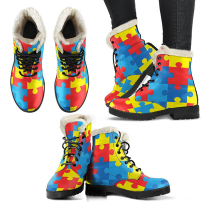 Autism Awareness Puzzles Design Print Faux Fur Leather Boots-JTAMIGO.COM
