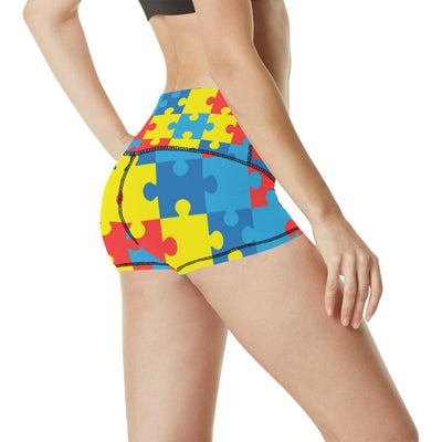 Autism Awareness Puzzles Design Print High Waisted Spandex Shorts-JTAMIGO.COM