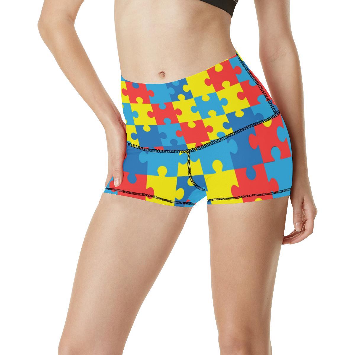 Autism Awareness Puzzles Design Print High Waisted Spandex Shorts-JTAMIGO.COM