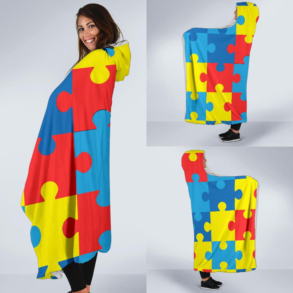 Autism Awareness Puzzles Design Print Hooded Blanket-JTAMIGO.COM