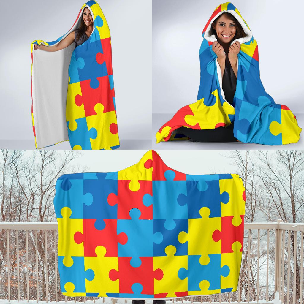 Autism Awareness Puzzles Design Print Hooded Blanket-JTAMIGO.COM