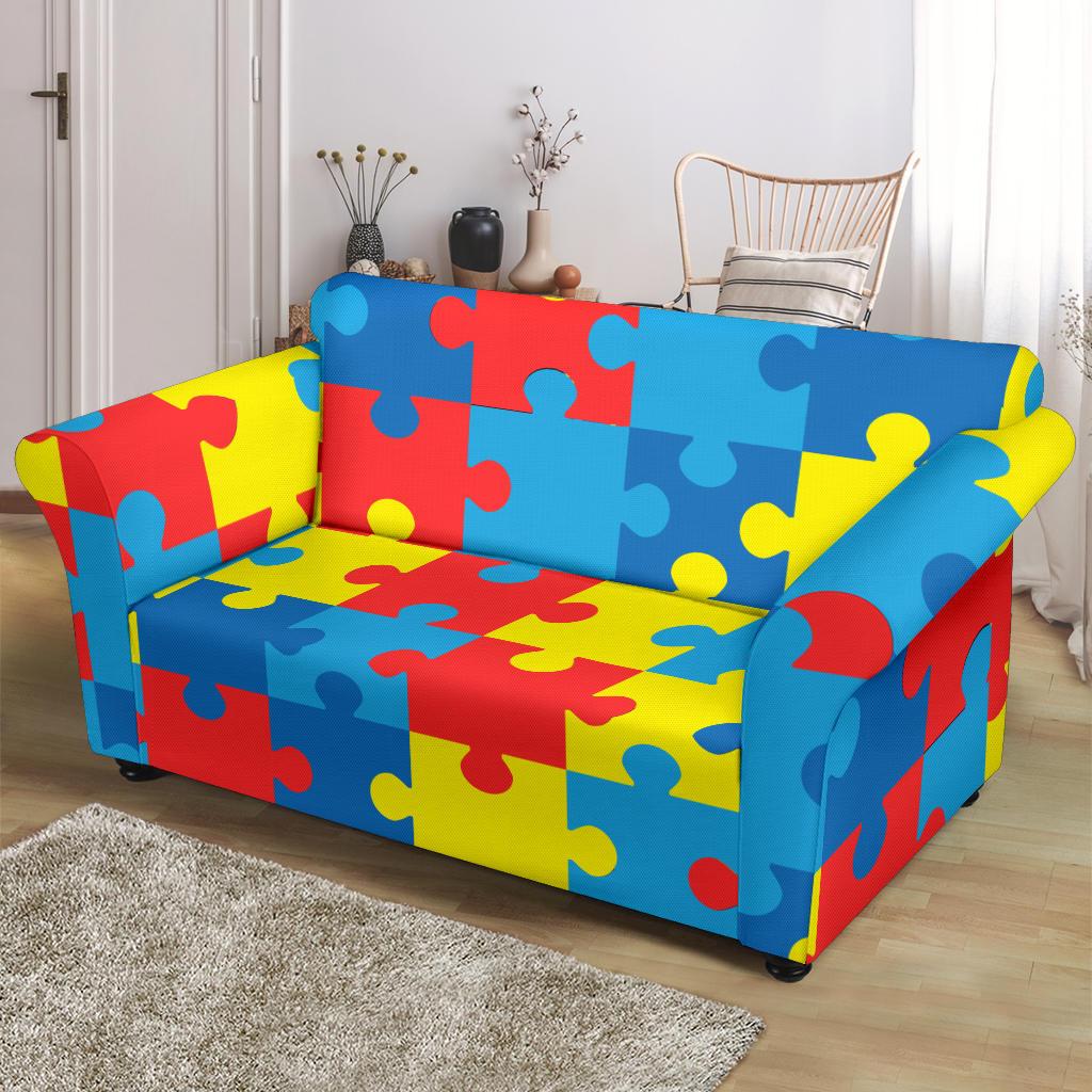 Autism Awareness Puzzles Design Print Loveseat Slipcover-JTAMIGO.COM