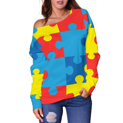 Autism Awareness Puzzles Design Print Off Shoulder Sweatshirt