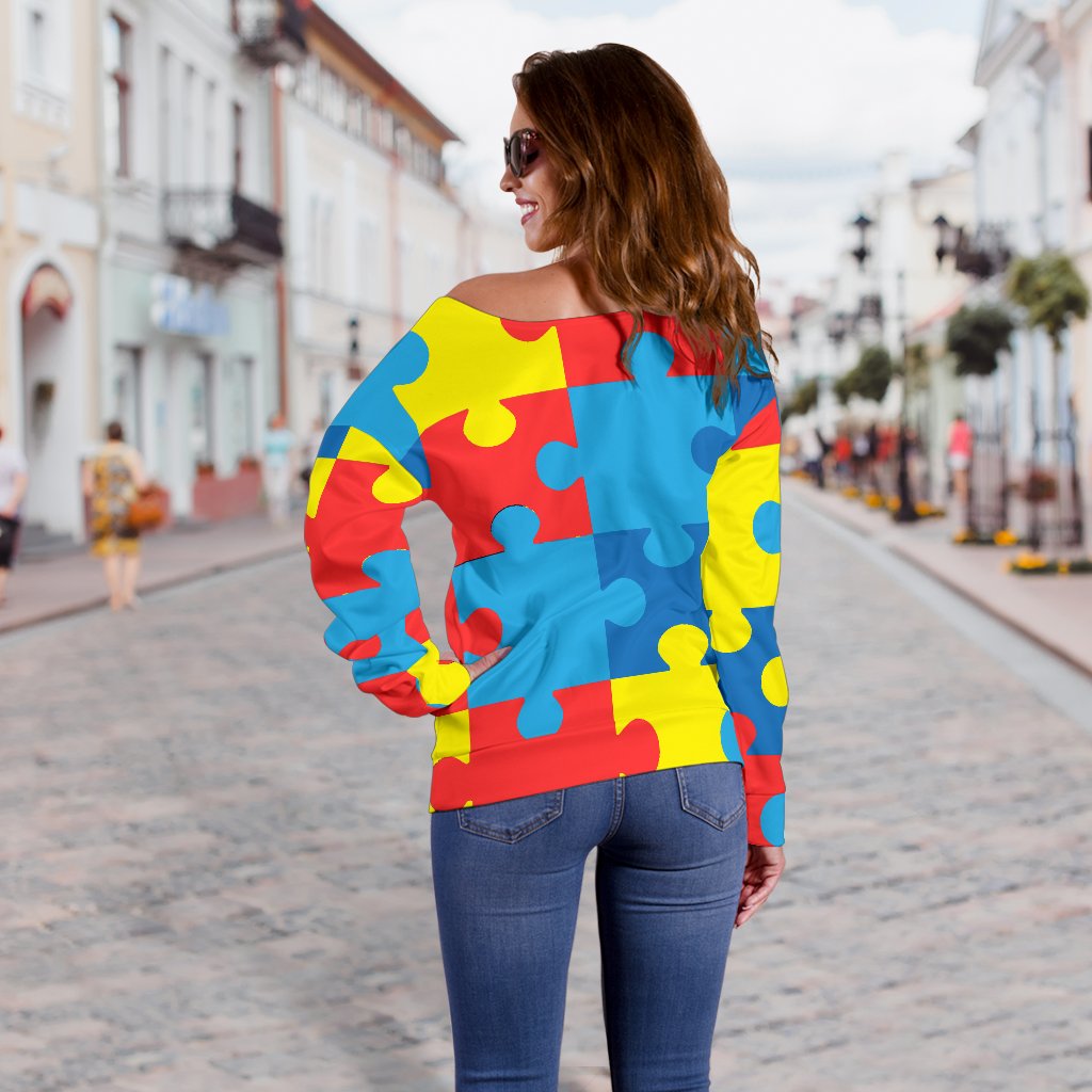 Autism Awareness Puzzles Design Print Off Shoulder Sweatshirt