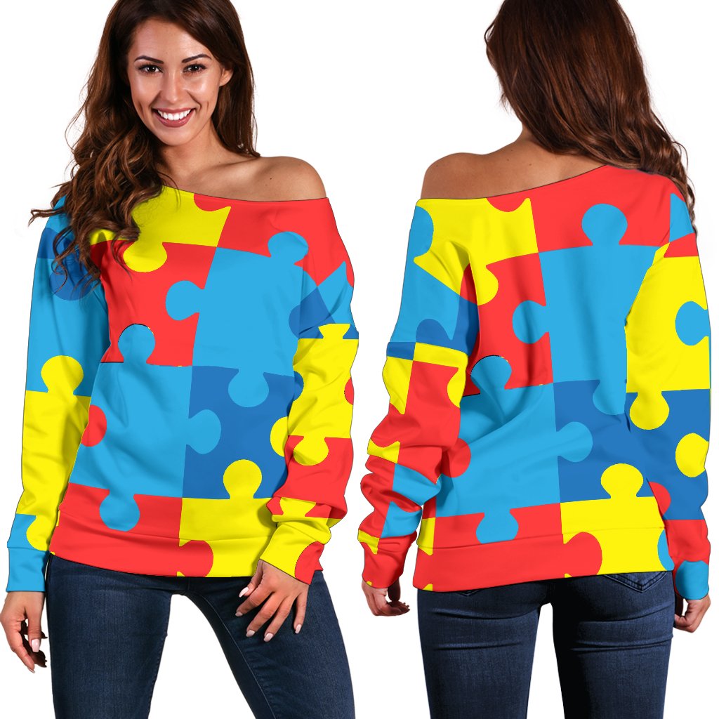Autism Awareness Puzzles Design Print Off Shoulder Sweatshirt