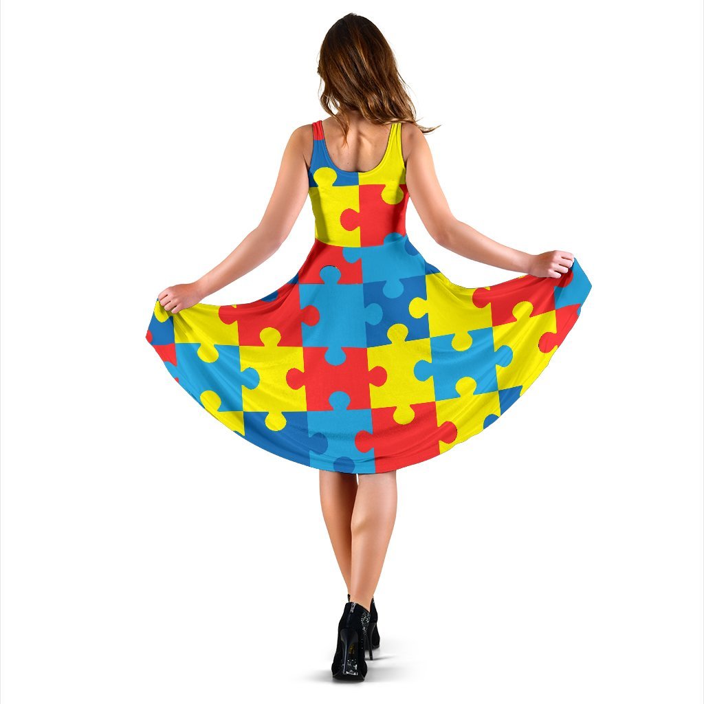 Autism Awareness Puzzles Design Print Sleeveless Dress
