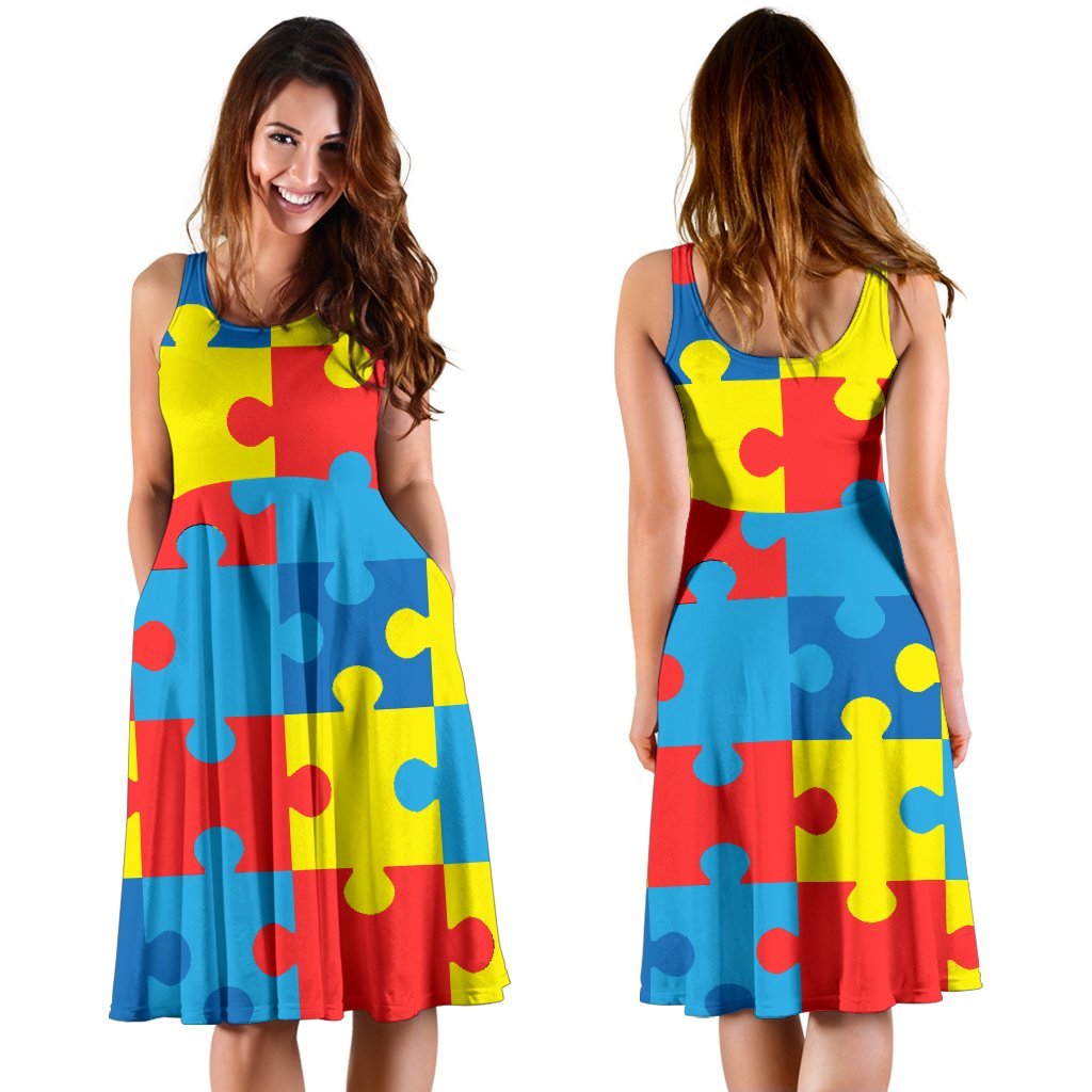 Autism Awareness Puzzles Design Print Sleeveless Dress