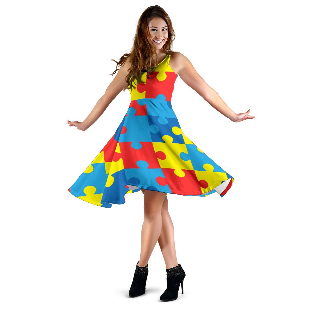Autism Awareness Puzzles Design Print Sleeveless Dress