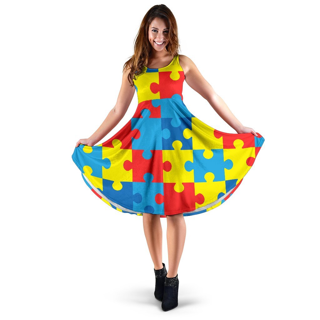 Autism Awareness Puzzles Design Print Sleeveless Dress