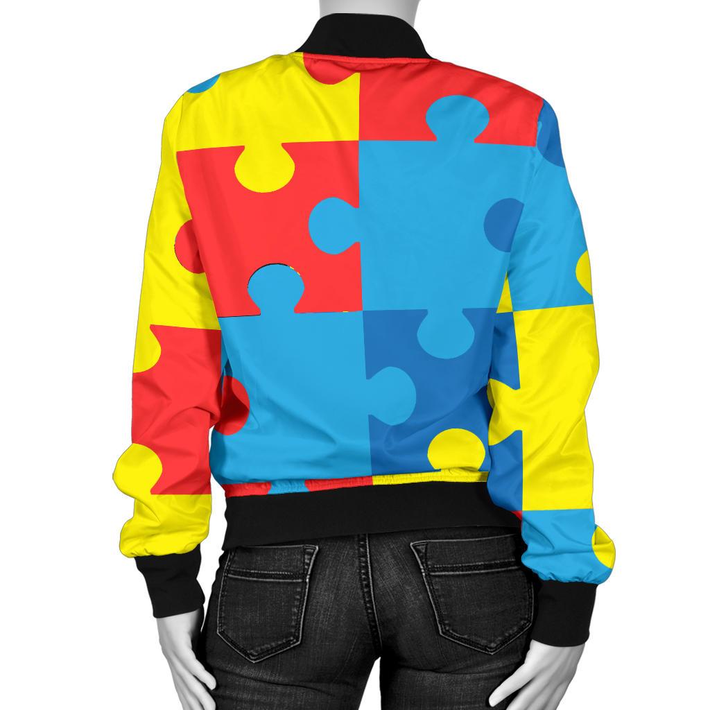 Autism Awareness Puzzles Design Print Women Casual Bomber Jacket