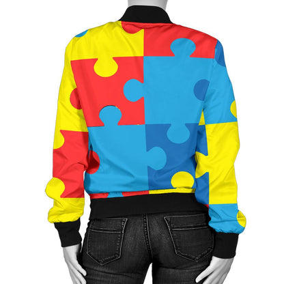 Autism Awareness Puzzles Design Print Women Casual Bomber Jacket