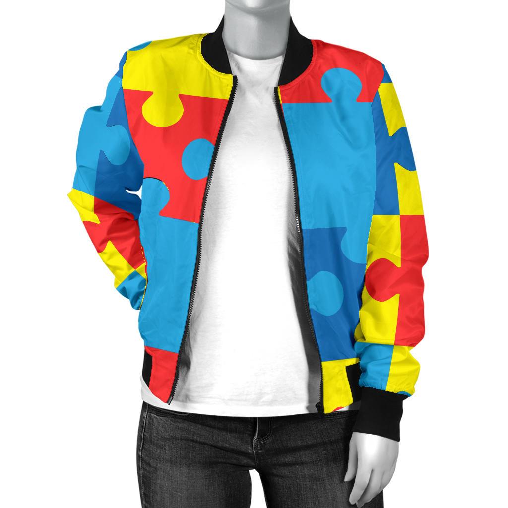 Autism Awareness Puzzles Design Print Women Casual Bomber Jacket